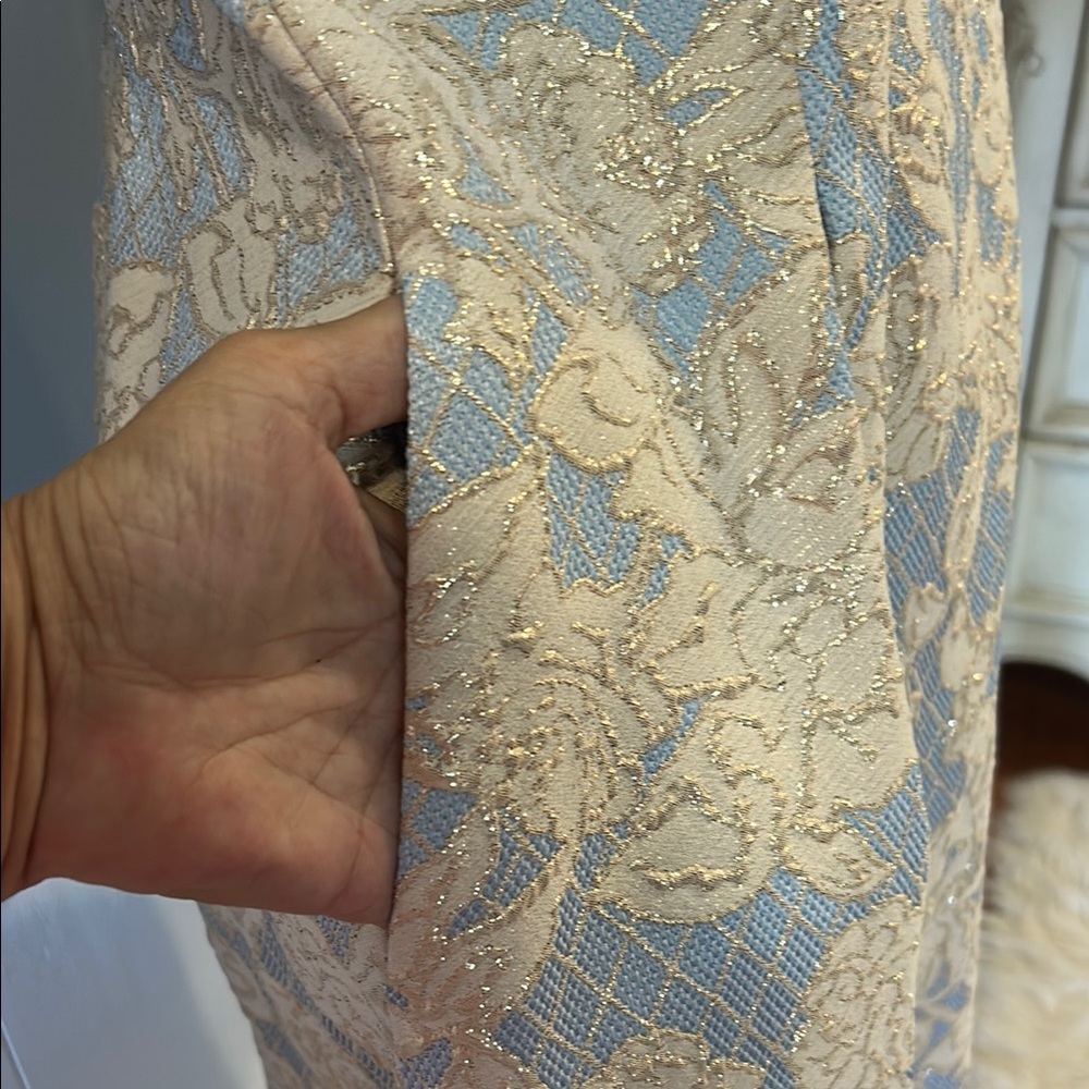 Donna Ricco Blue and Gold A-line Dress with V-Neckline and Pockets - Picture 8 of 8
